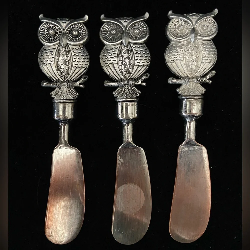 🩵 Palm Restaurant OWL set of 3 Spreaders Silver Tone Metal